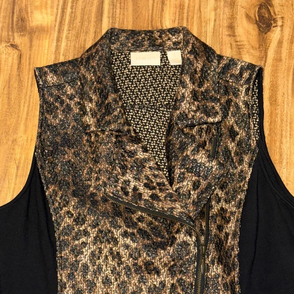 Chico's women vest medium 8 Leopard cheetah Zip-Front Vest Black Brown tan top